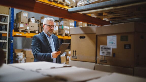 Factory manager using a digital tablet in a warehouse