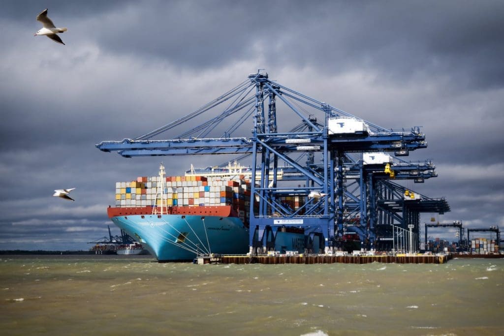 Large cargo ship with flying seagulls at Felixstowe