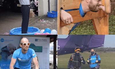 A collage created from charity day photos features various scenes: someone getting splashed with pink paint, someone cycling, another person getting locked up, and having a wet sponge thrown at their face. Additionally, two individuals are seen standing next to a plane, prepared for a skydiving adventure.