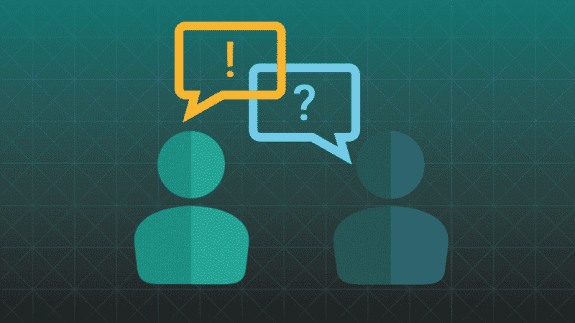 Graphic of two people icons talking