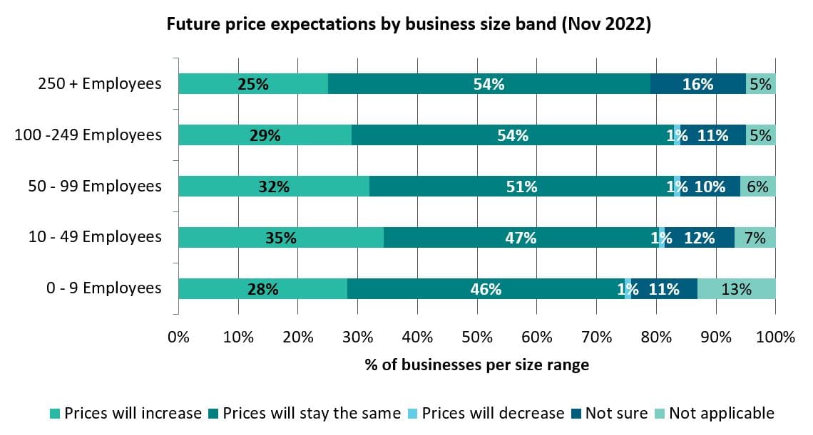 Future price expectations by business size band Nov 2022