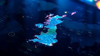 Dark blue map showing the UK