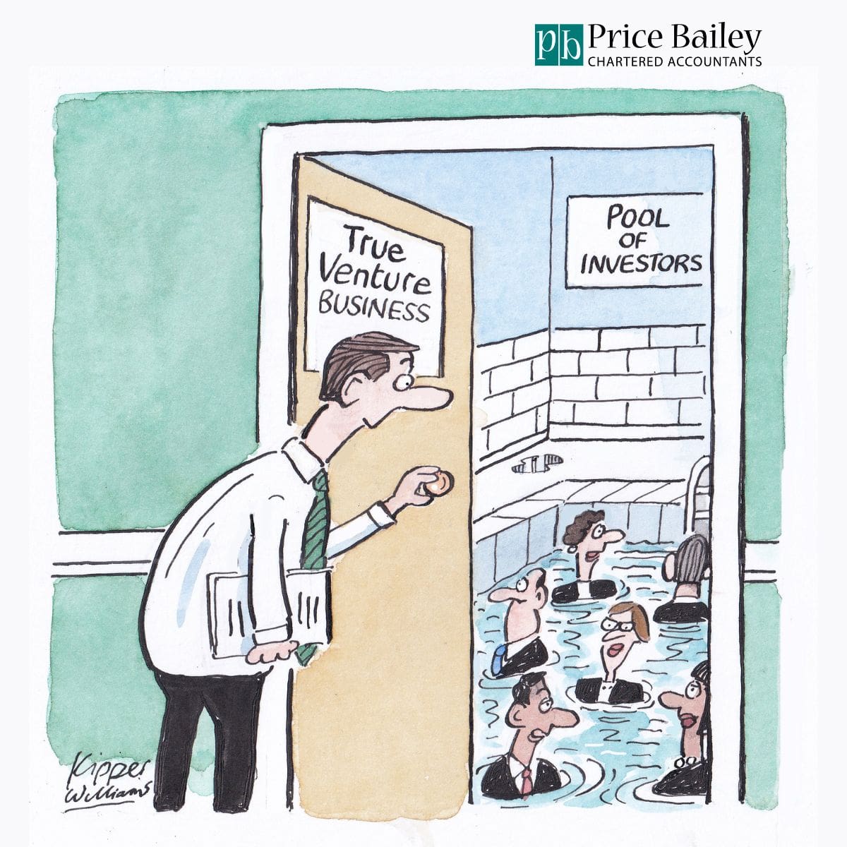 A cartoon image of William opening a door that says 