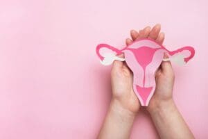 Woman hands holding decorative model uterus on pink background.