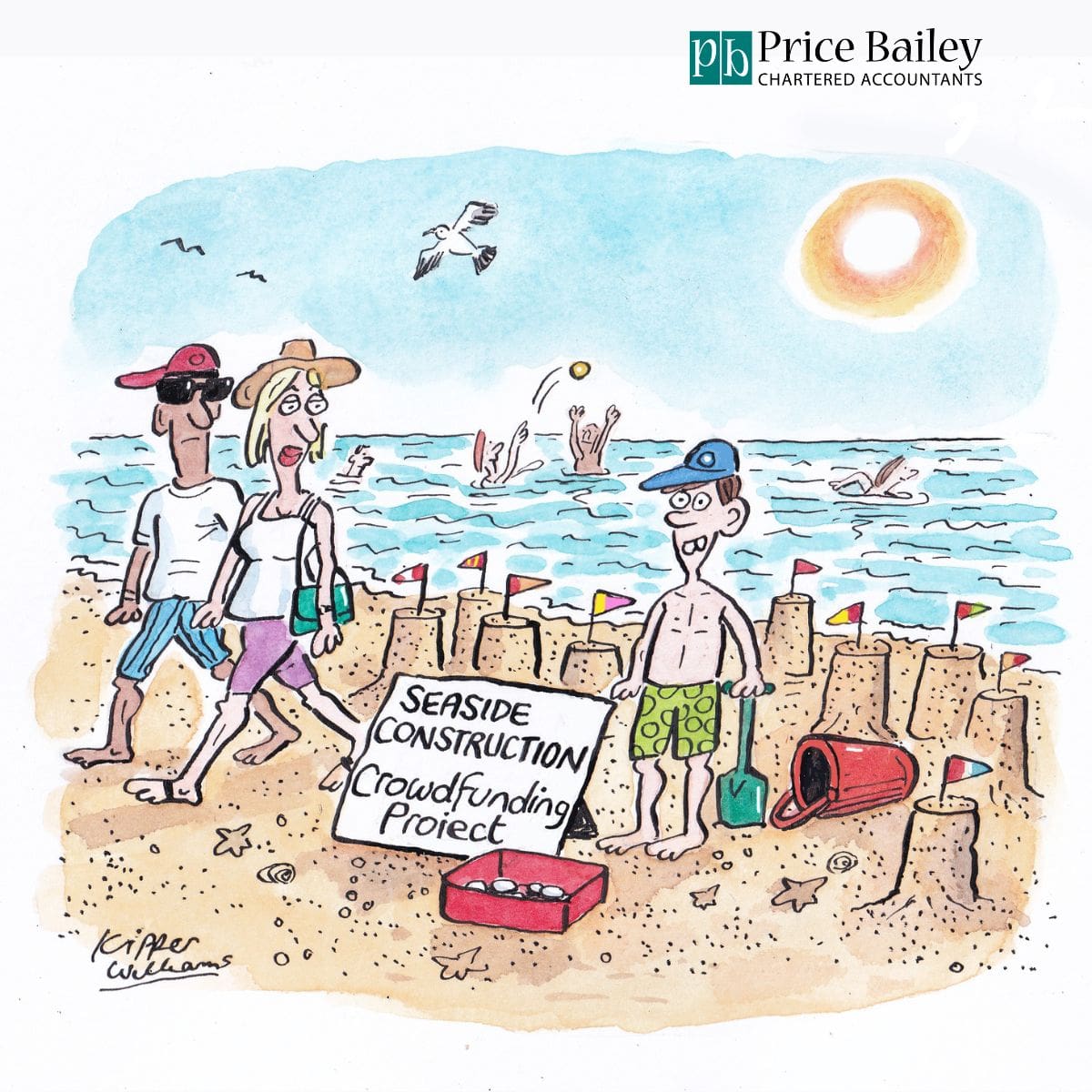 Cartoon image of boy who has built lots of sandcastles and has a sign up saying 