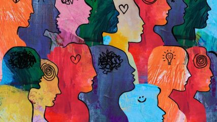 Large Group of diverse people profile view hand drawn, with different emotional / mental states and thoughts.