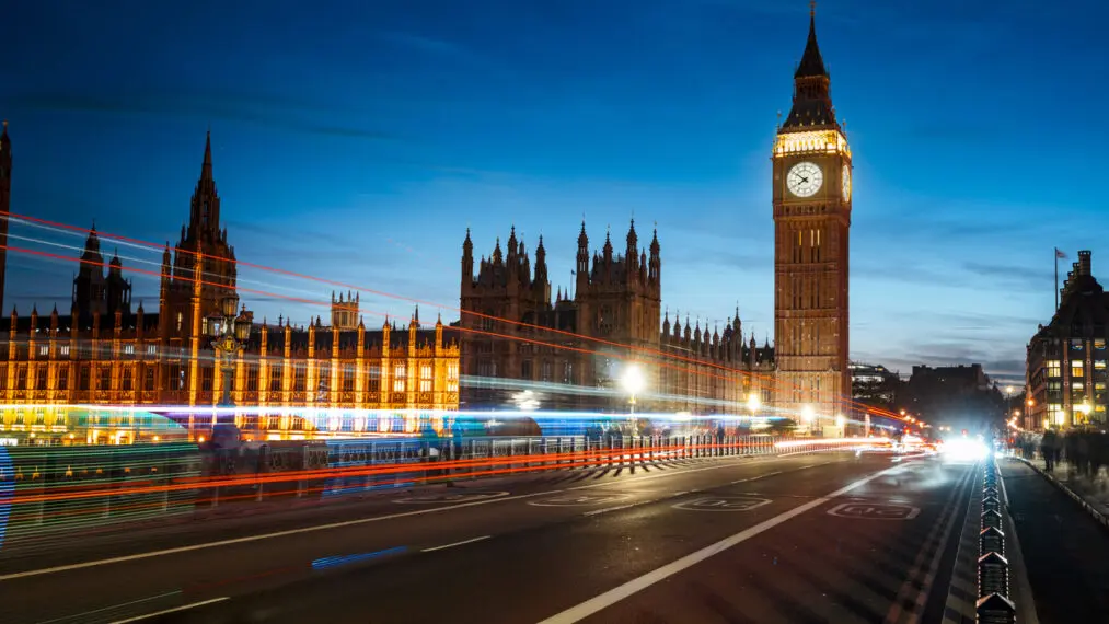 Houses of Parliament and Big Ben at night, view from Westminster Bridge.