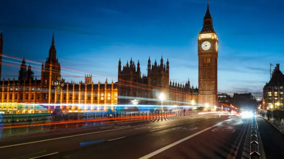Houses of Parliament and Big Ben at night, view from Westminster Bridge.