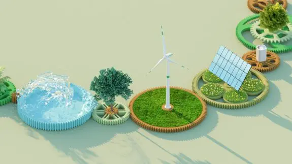 Connected gears in a circular chart showing different segments of alternative energy, including wind, solar, and tidal, and nature.