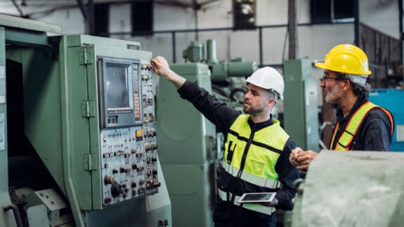 Two workers in high-vis jackets and hard hats operating machinery.