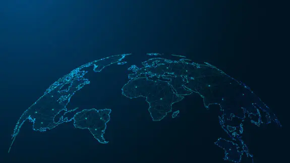 Modern world map made of lines and dots on dark blue background.