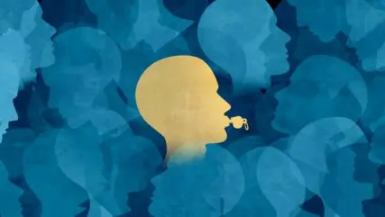 Graphic showing a yellow head with a whistle, while surrounded by faded blue heads.