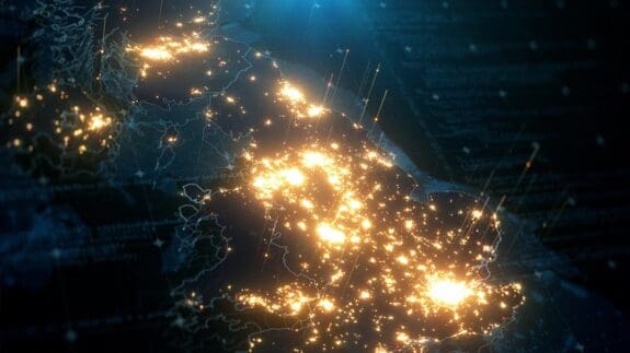 Night Map of United Kingdom regions with City Lights Illumination