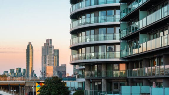 Photo of Riverside modern apartments at Battersea reach in London stock photo
