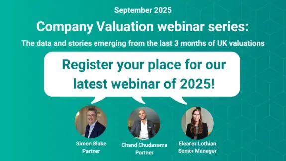 Teal background with details of Price Bailey Company Valuation webinar series.