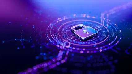 A digitally produced purple and blue coloured image of a lock protecting a data stream, representing cybersecurity practices.