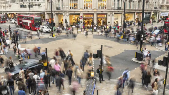 Horizontal high angle colour image of the famous Oxford Circus crossing in London.