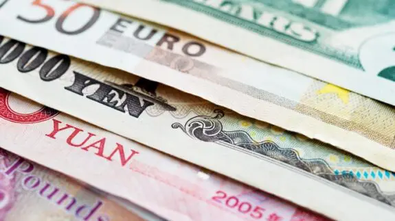 Background of international currency notes, including Euro, Yen, and Yuan.