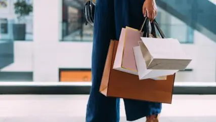 A women standing in the shopping mall with paper bags.