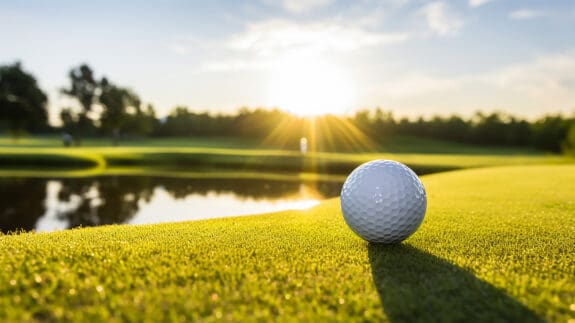 White Golf Ball On Picturesque Green Golf Course At The Sunset.