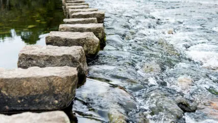 Stepping stones crossing a river in the park.