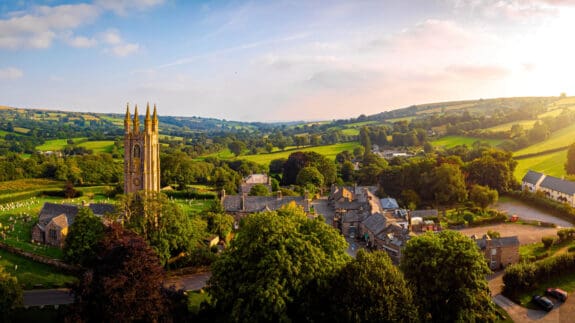 Aerial view of Widecombe in the Moor, a village and large civil parish on Dartmoor National Park in Devon