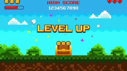 Retro 8 bit video game interface natural landscape with blue sky, trees and green grass.