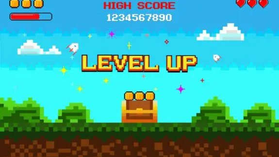 Retro 8 bit video game interface natural landscape with blue sky, trees and green grass.