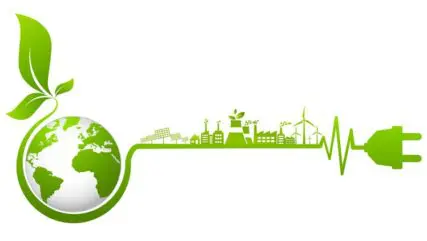 A concept image featuring an illustration of a green earth with various renewable energy sources in a row, underlined by a green line that ends with a drawing of a plug.