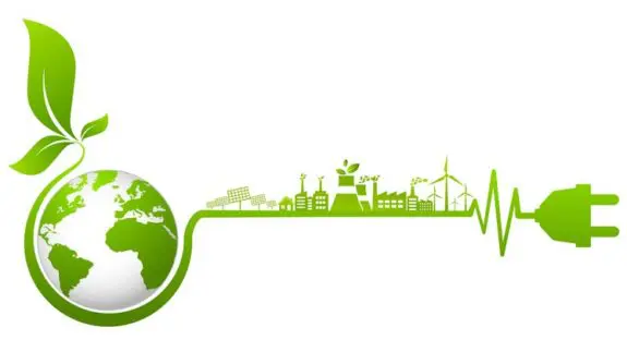 A concept image featuring an illustration of a green earth with various renewable energy sources in a row, underlined by a green line that ends with a drawing of a plug.