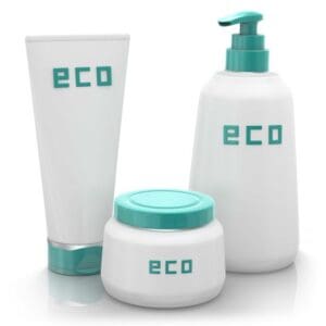 Eco-friendly skincare product set featuring a white and teal tube, pump bottle, and cream jar.