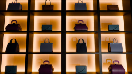 Image of luxury brand bags displayed on a grid-like rack